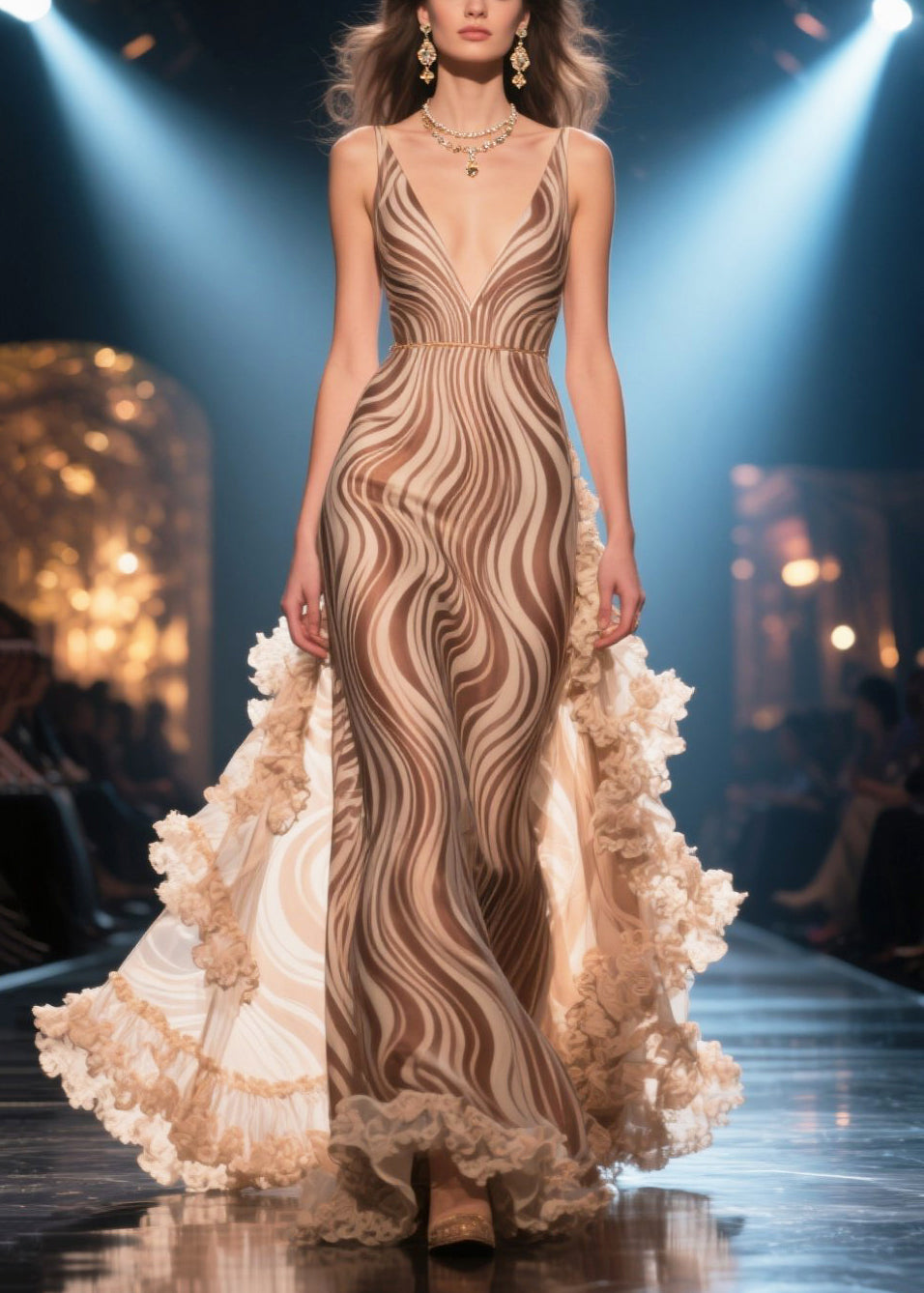 Fitted Khaki Ruffled Striped Chiffon Long Dress Summer