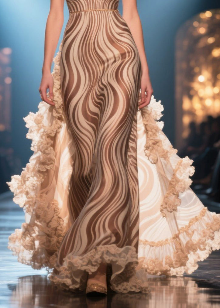 Fitted Khaki Ruffled Striped Chiffon Long Dress Summer
