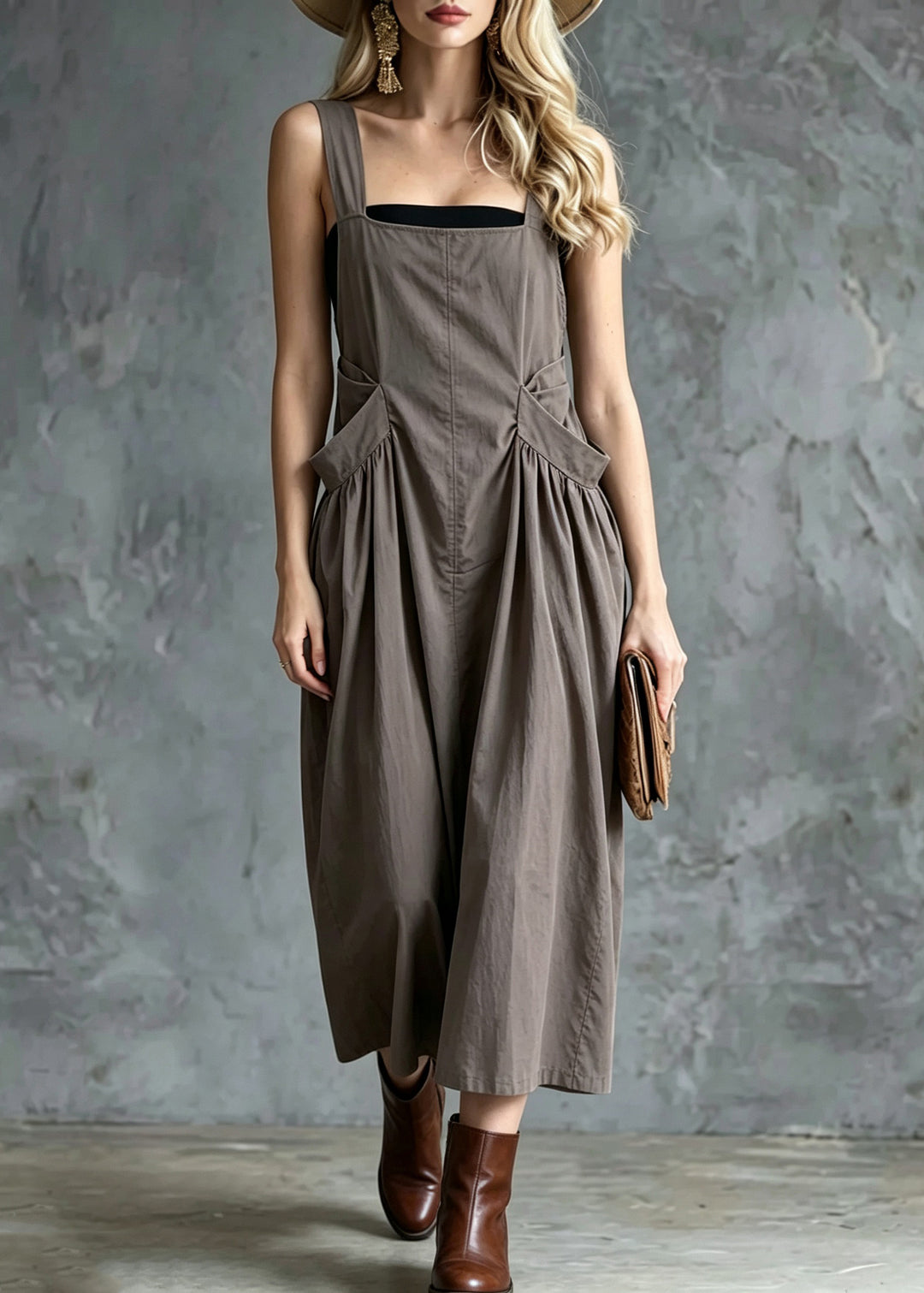 Fitted Khaki Square Collar Pockets Maxi Spaghetti Strap Dress Dress Summer