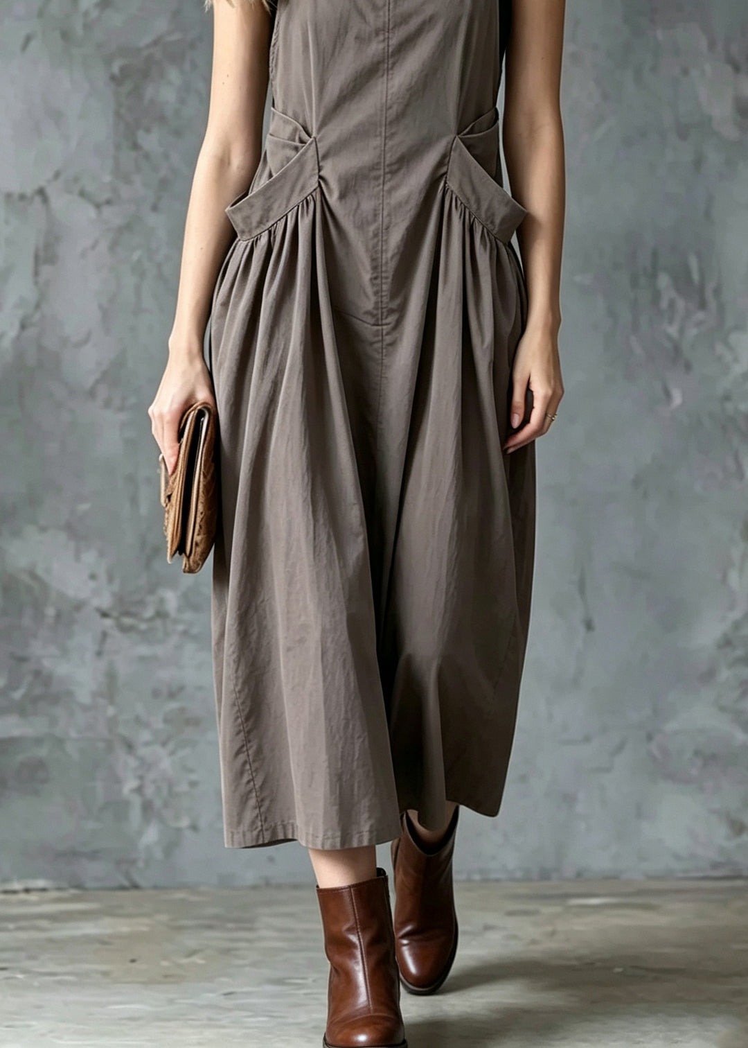Fitted Khaki Square Collar Pockets Maxi Spaghetti Strap Dress Dress Summer