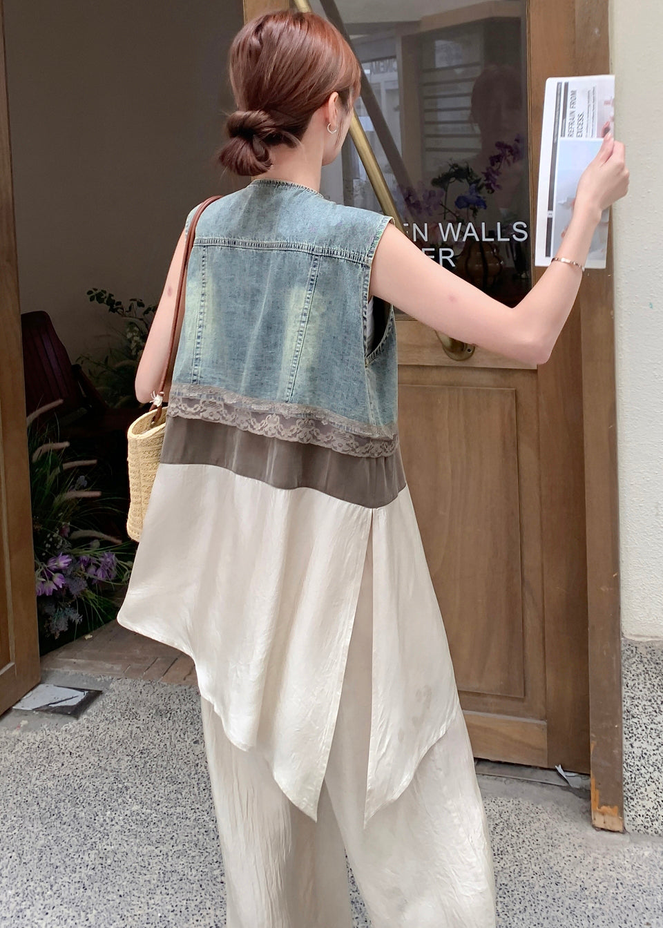 Fitted Khaki V Neck Patchwork Denim Two Pieces Set Sleeveless