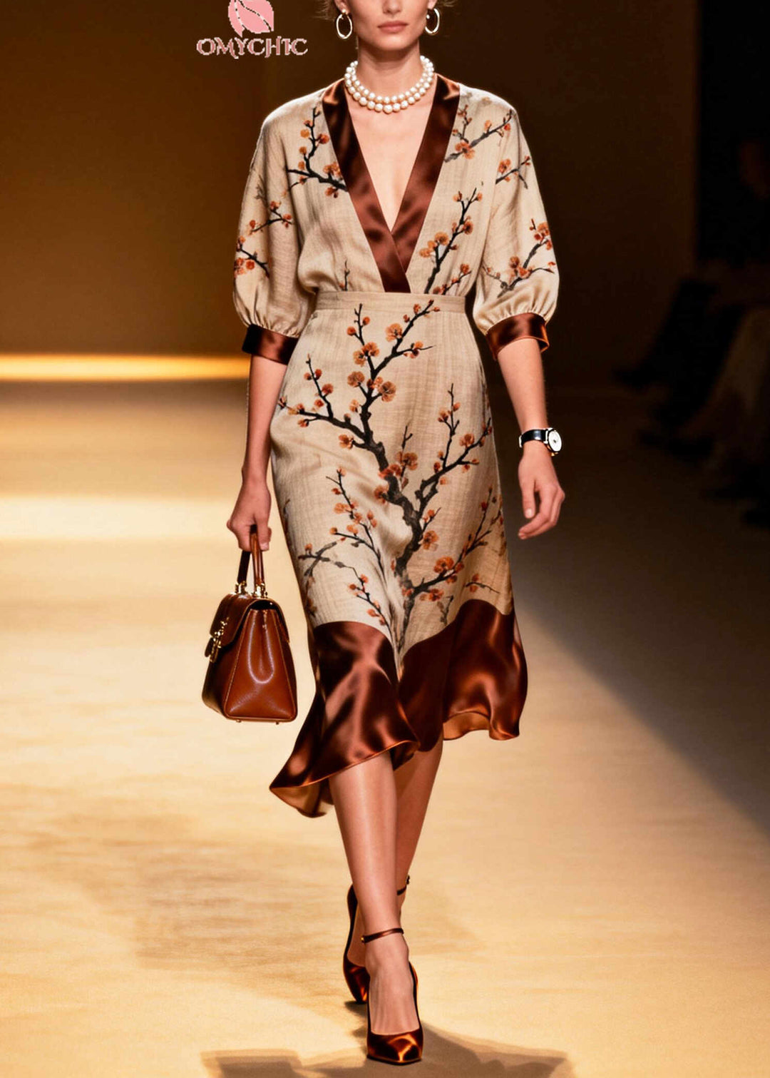 Fitted Khaki V Neck Patchwork Print Linen Dresses Summer