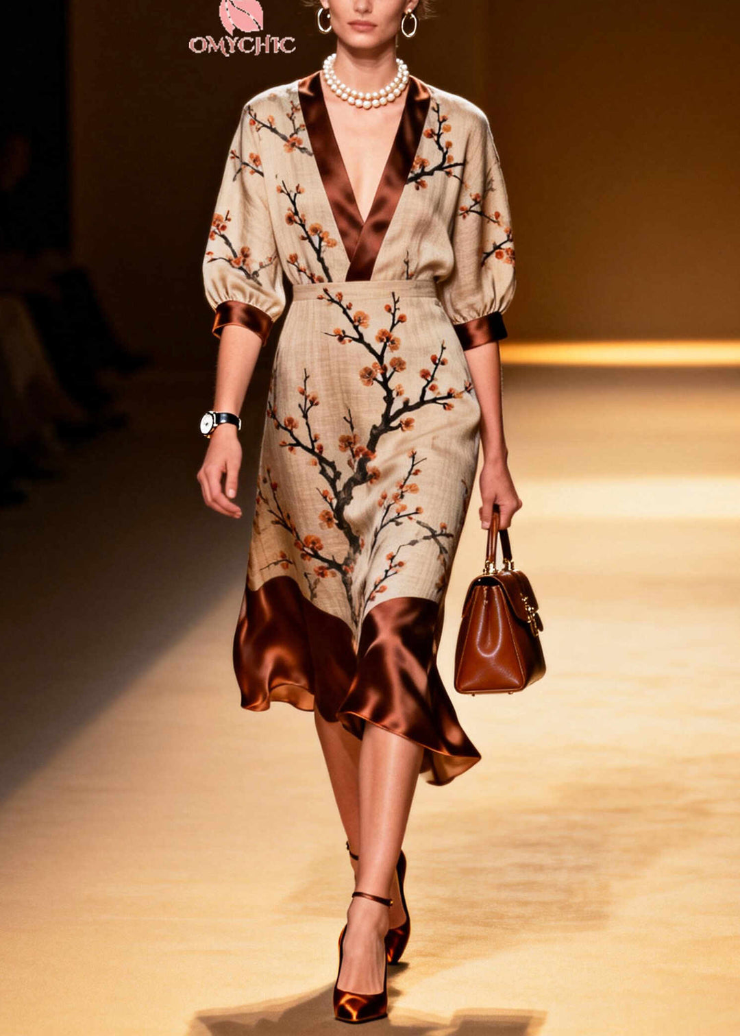Fitted Khaki V Neck Patchwork Print Linen Dresses Summer