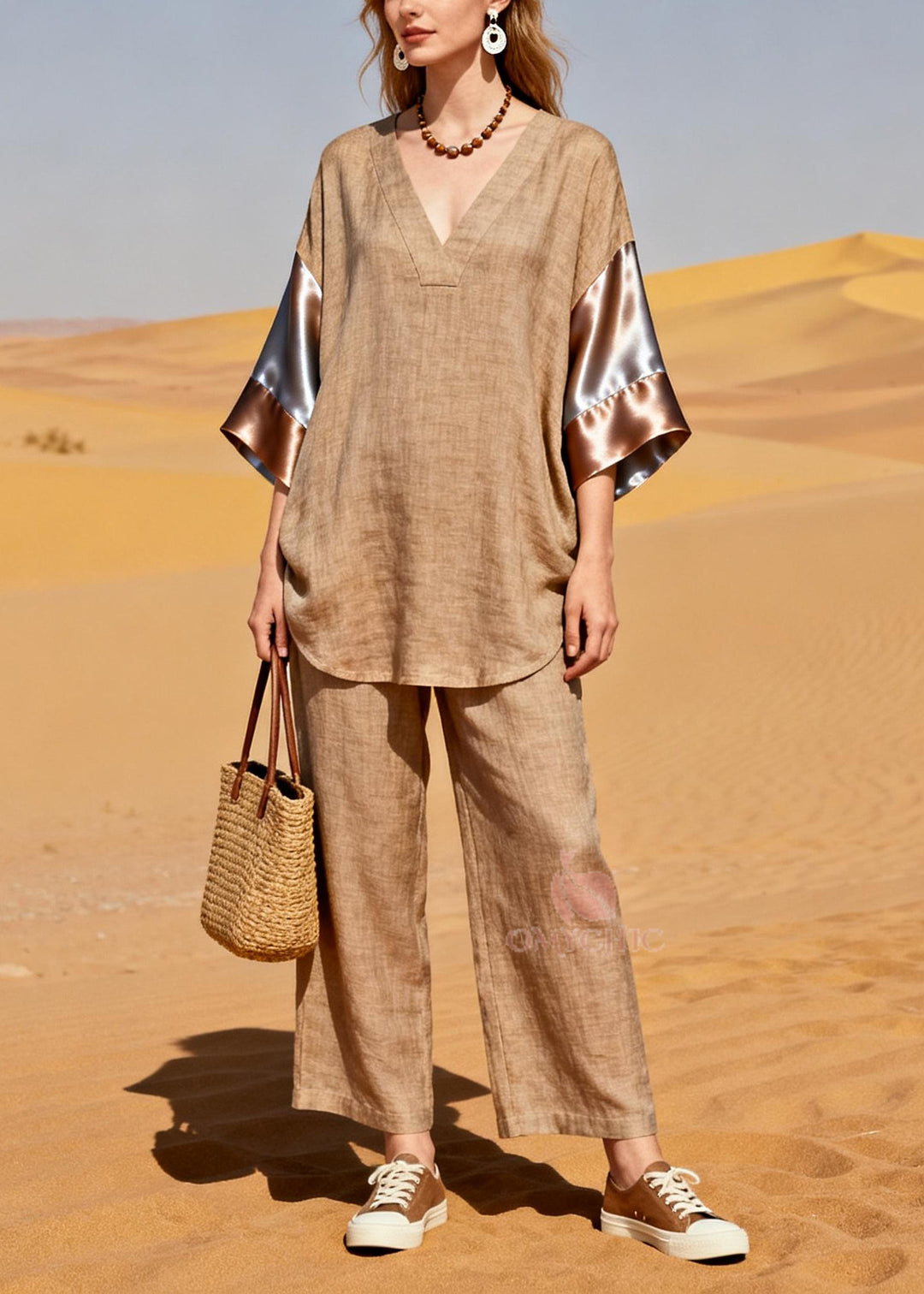 Fitted Khaki V Neck Patchwork Silk Linen 2 Piece Outfit Bracelet Sleeve