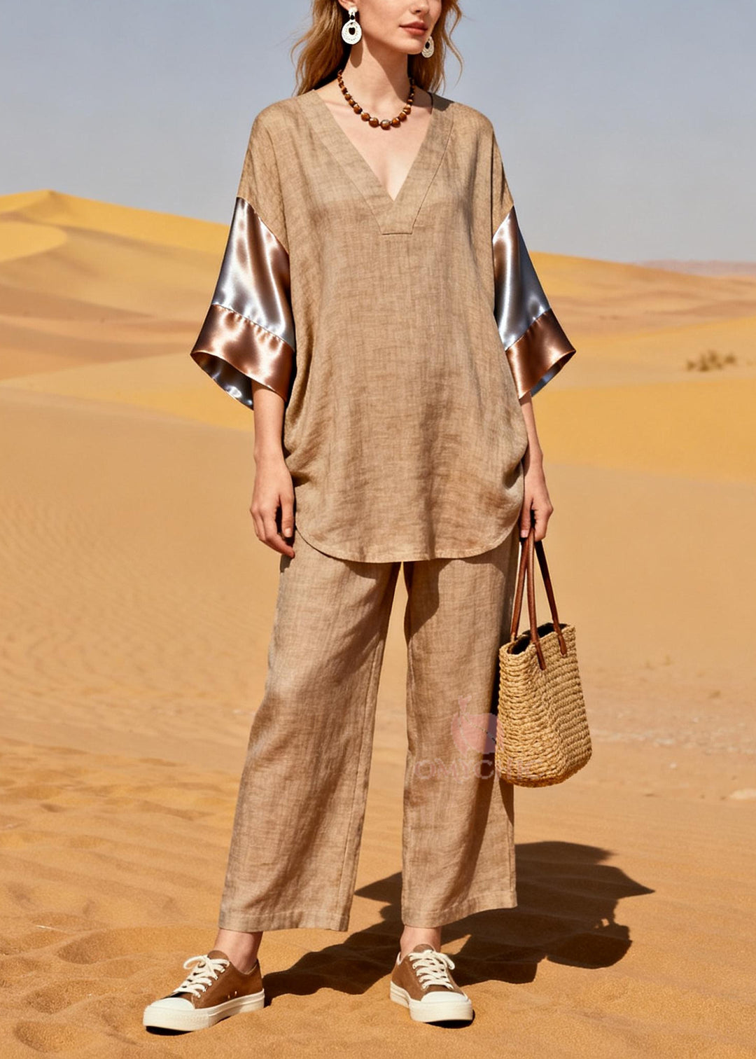 Fitted Khaki V Neck Patchwork Silk Linen 2 Piece Outfit Bracelet Sleeve