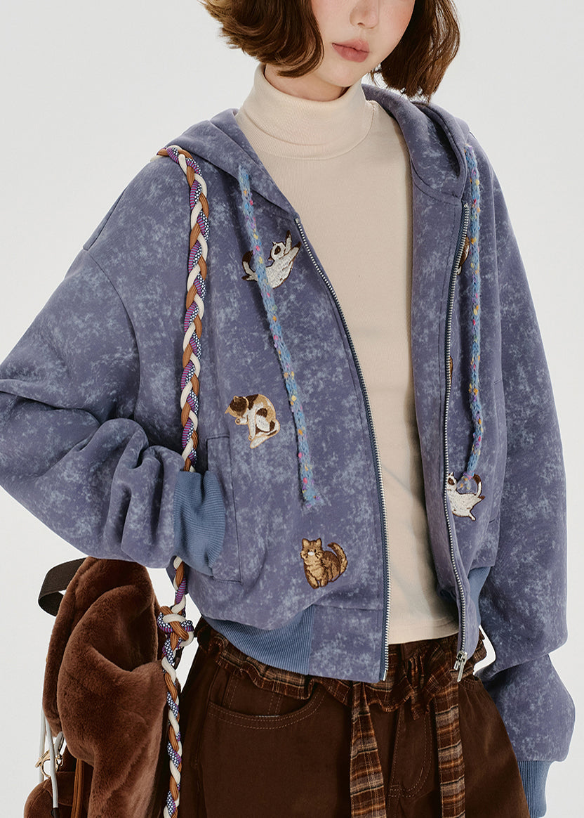 Fitted Lavender Embroidered Animal Cotton Hooded Jacket Spring