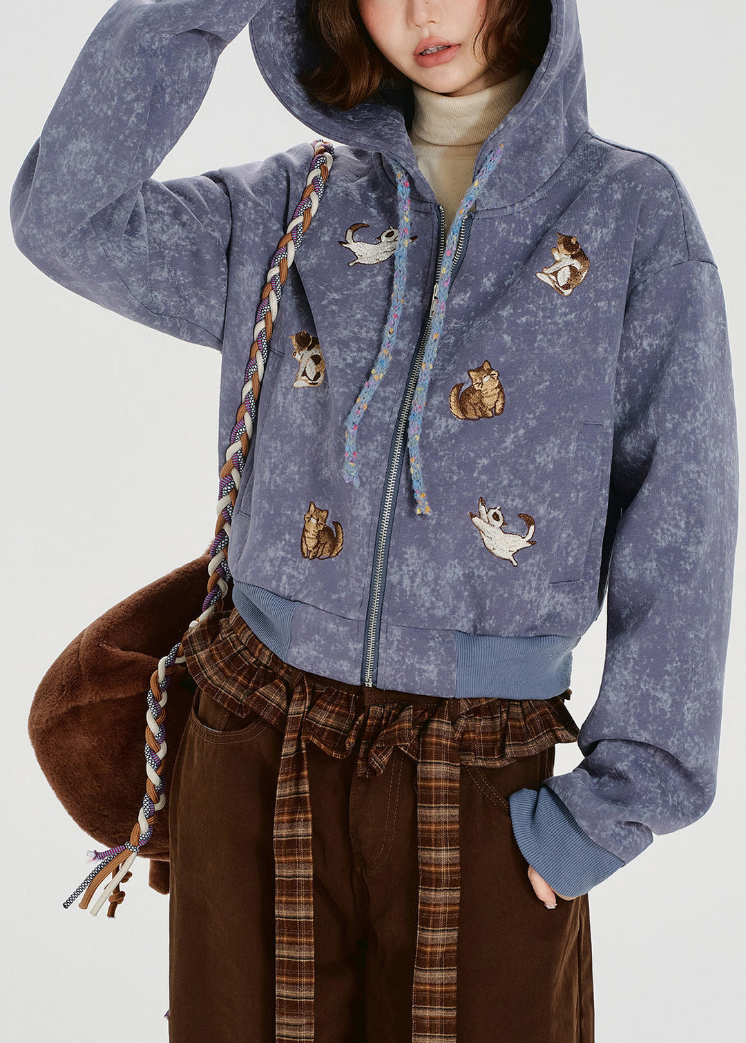 Fitted Lavender Embroidered Animal Cotton Hooded Jacket Spring