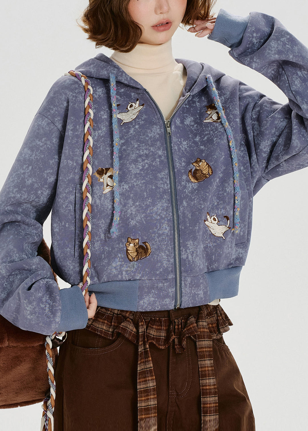 Fitted Lavender Embroidered Animal Cotton Hooded Jacket Spring