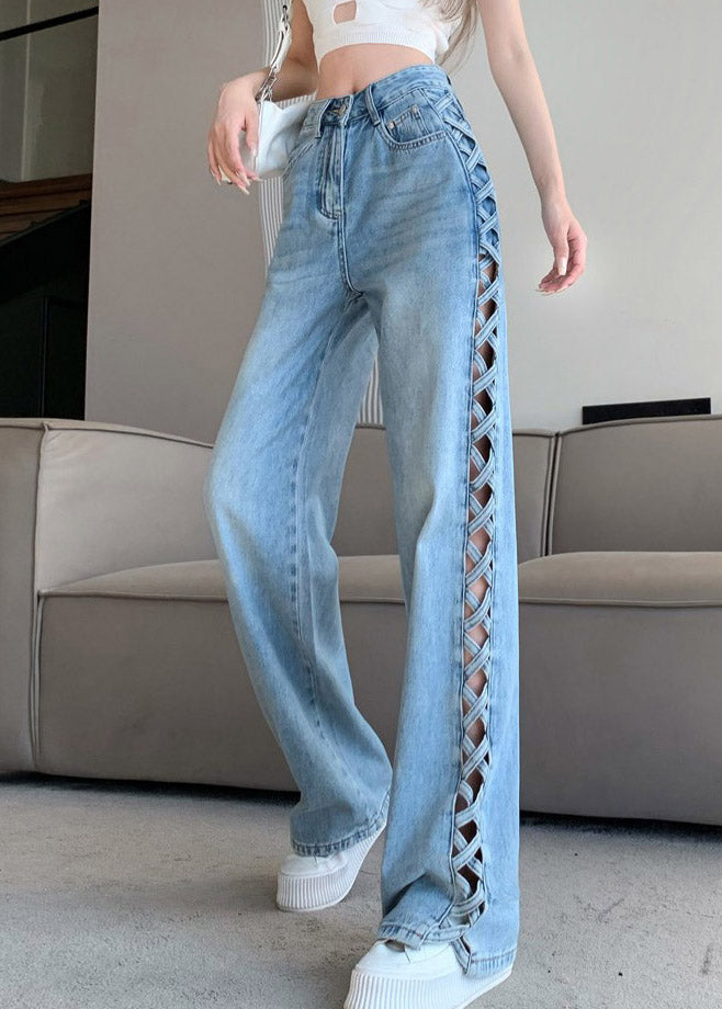 Fitted Light Blue High Waist Hollow Out Wide Leg Jeans Fall