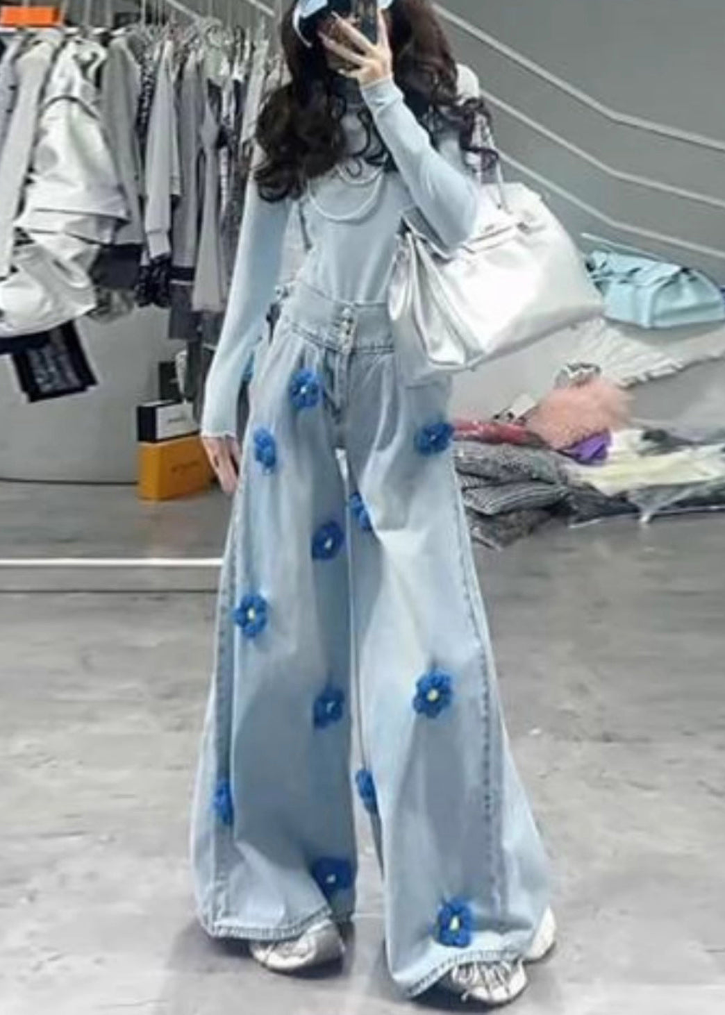 Fitted Light Blue Oversized Floral Denim Wide Leg Pants Fall