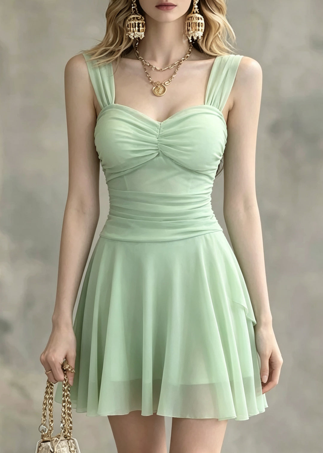 Fitted Light Green Bustier Top Patchwork Tulle Vacation Mid Dress Summer