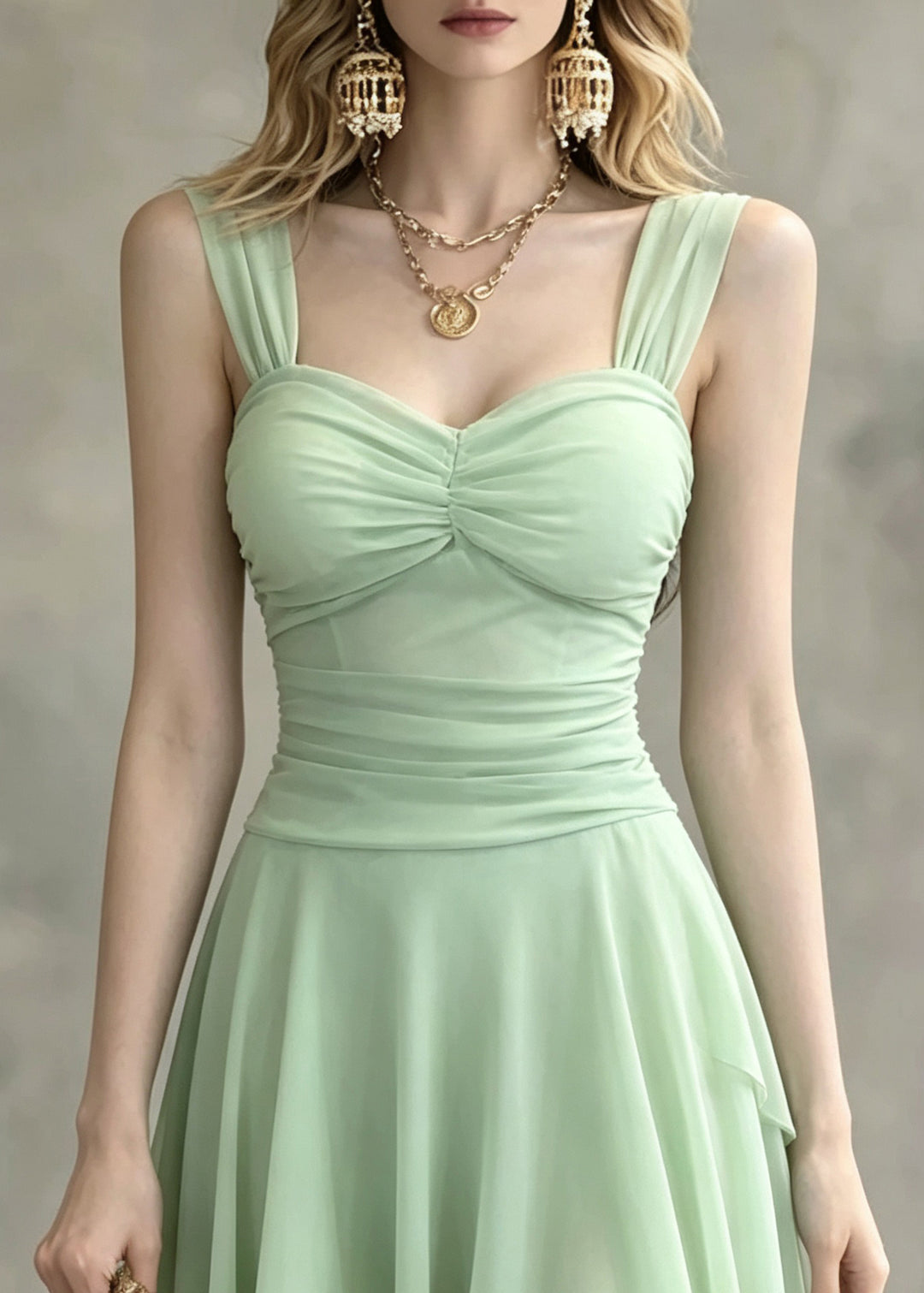 Fitted Light Green Bustier Top Patchwork Tulle Vacation Mid Dress Summer