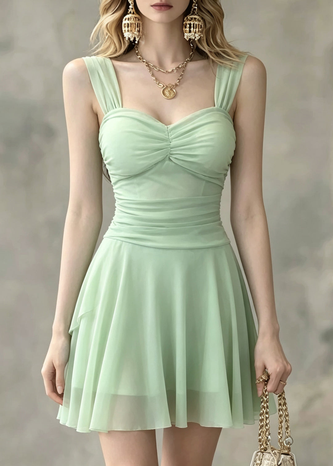 Fitted Light Green Bustier Top Patchwork Tulle Vacation Mid Dress Summer