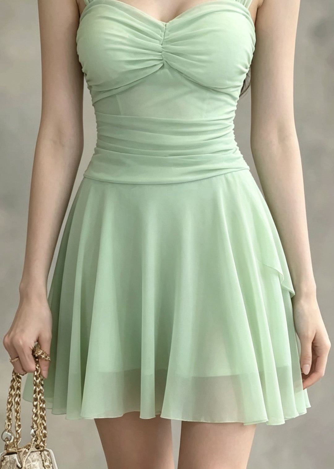 Fitted Light Green Bustier Top Patchwork Tulle Vacation Mid Dress Summer