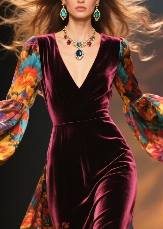 Fitted Mulberry Print Patchwork Silk Velvet Vacation Dresses Lantern Sleeve
