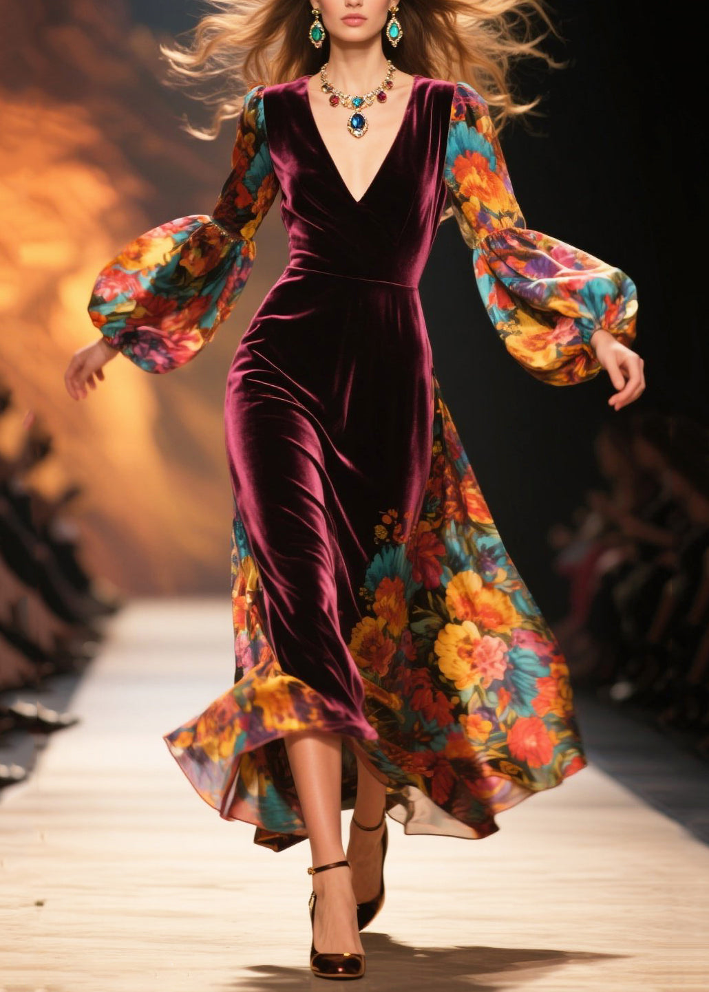 Fitted Mulberry Print Patchwork Silk Velvet Vacation Dresses Lantern Sleeve