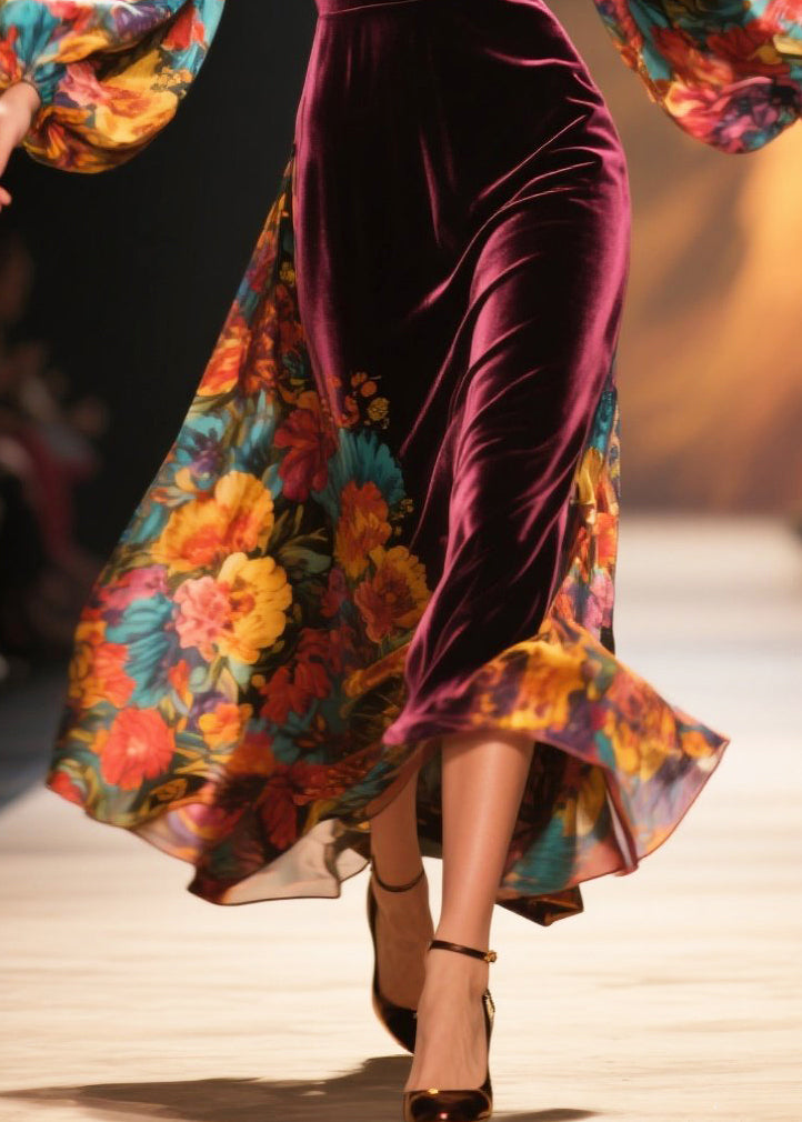 Fitted Mulberry Print Patchwork Silk Velvet Vacation Dresses Lantern Sleeve
