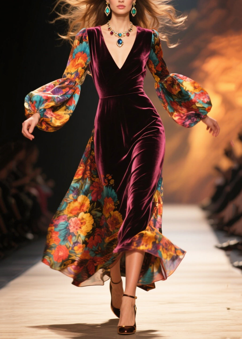 Fitted Mulberry Print Patchwork Silk Velvet Vacation Dresses Lantern Sleeve