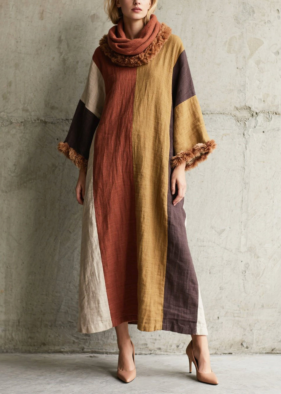 Fitted Multicolor Oversized Patchwork Faux Fur Holiday Dress Fall