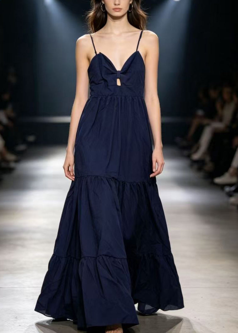 Fitted Navy Patchwork Solid Maxi Dress Sleeveless