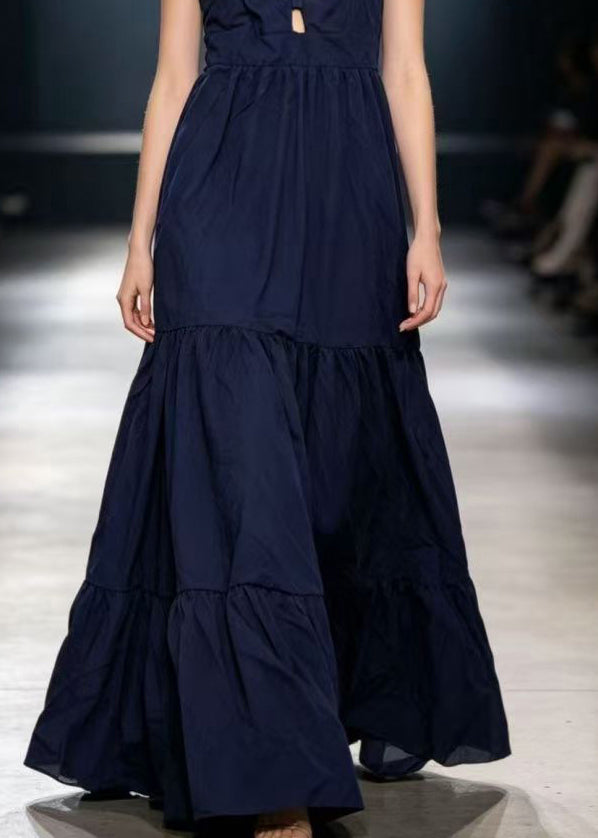Fitted Navy Patchwork Solid Maxi Dress Sleeveless