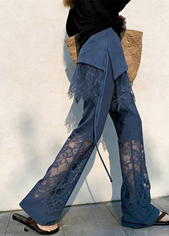 Fitted Navy Straight Pants Lace Patchwork Summer
