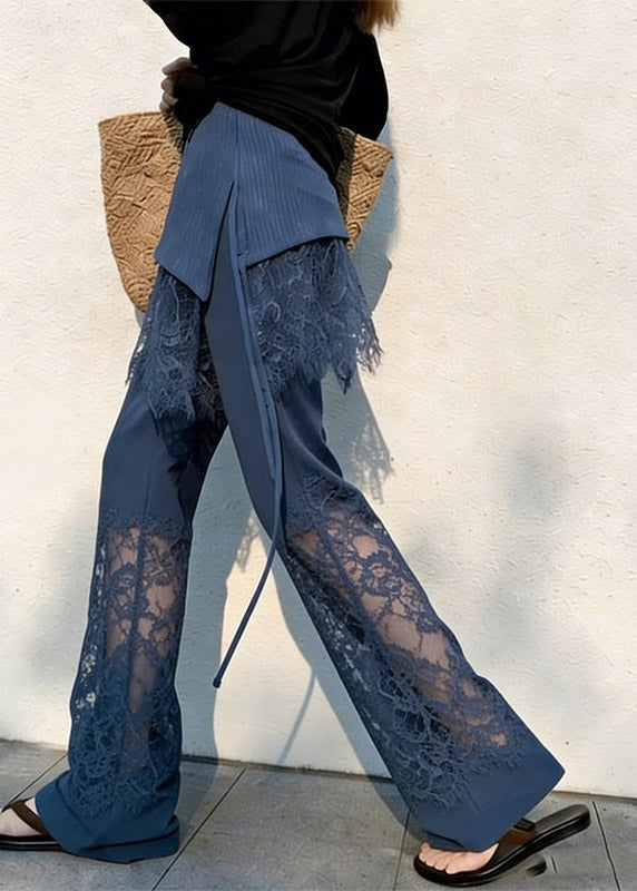 Fitted Navy Straight Pants Lace Patchwork Summer