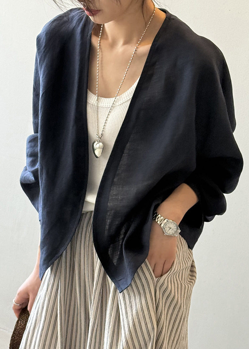 Fitted Navy V Neck Linen Cardigan Spring