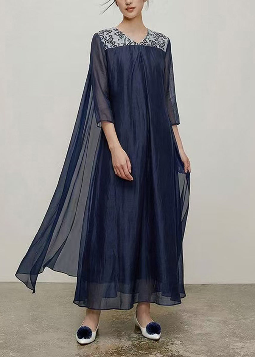 Fitted Navy V Neck Print Patchwork Long Dresses Bracelet Sleeve
