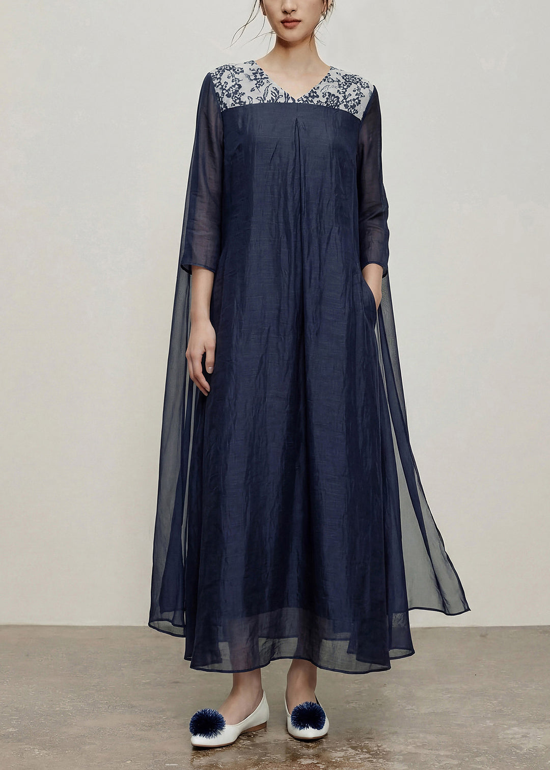 Fitted Navy V Neck Print Patchwork Long Dresses Bracelet Sleeve