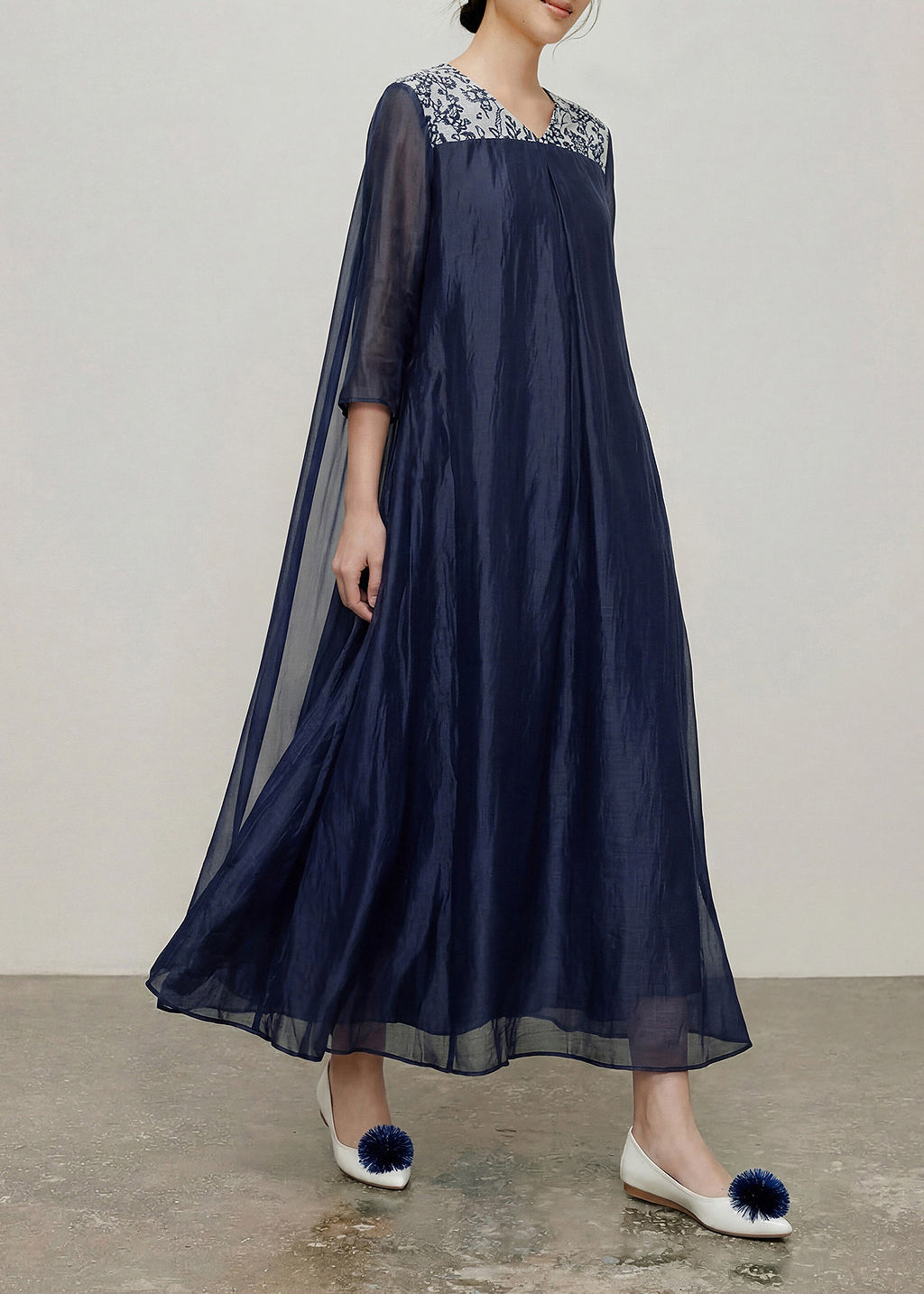 Fitted Navy V Neck Print Patchwork Long Dresses Bracelet Sleeve