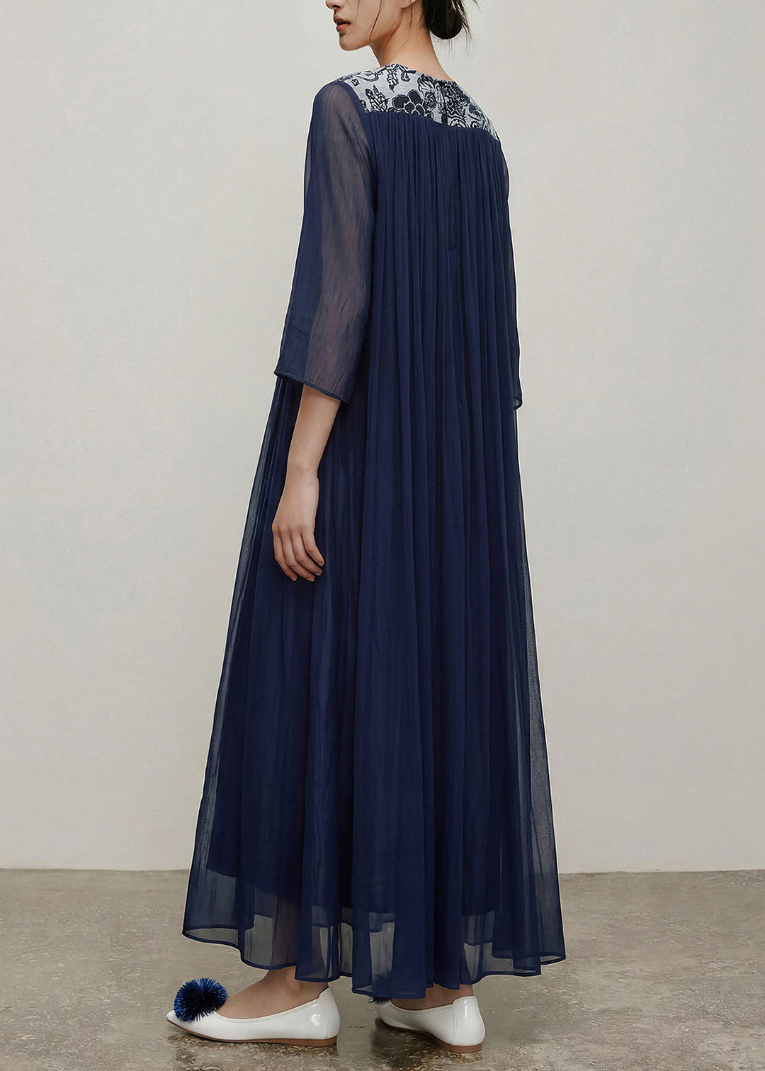 Fitted Navy V Neck Print Patchwork Long Dresses Bracelet Sleeve