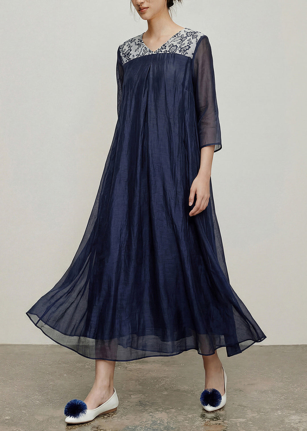 Fitted Navy V Neck Print Patchwork Long Dresses Bracelet Sleeve