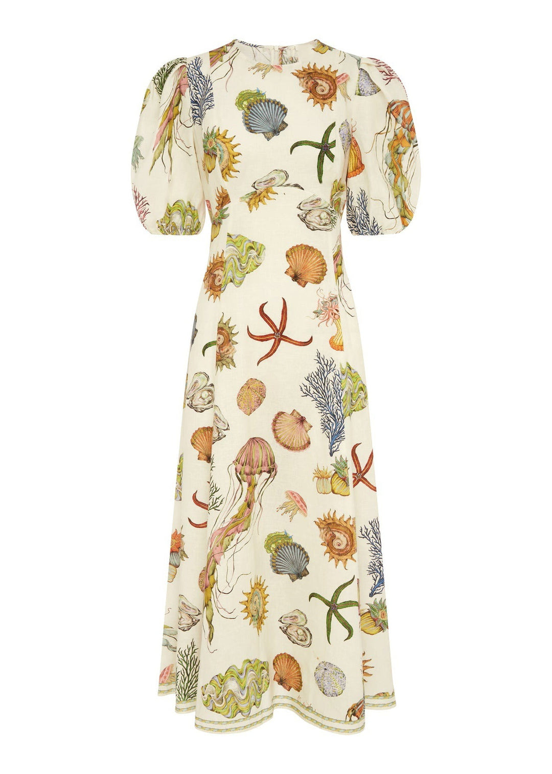 Fitted O Neck Print Cotton Long Dress Lantern Sleeve