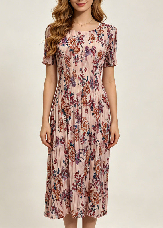 Fitted O-Neck Print Holiday Maxi Dress Short Sleeve