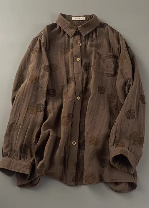 Fitted Orange Oversized Print Cotton Shirt Tops Spring
