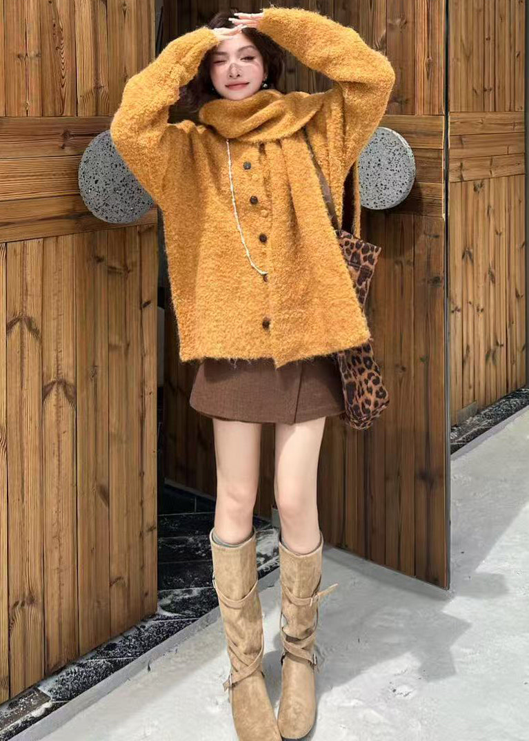 Fitted Orange Oversized Thick Wool Knit Cardigan Winter