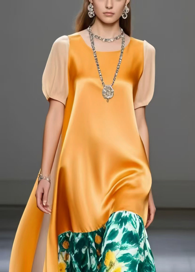Fitted Orange Puff Sleeve Patchwork Silk Party Dress