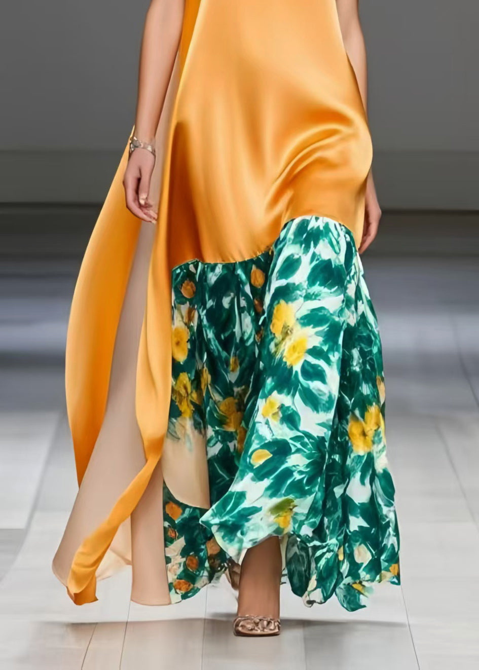 Fitted Orange Puff Sleeve Patchwork Silk Party Dress