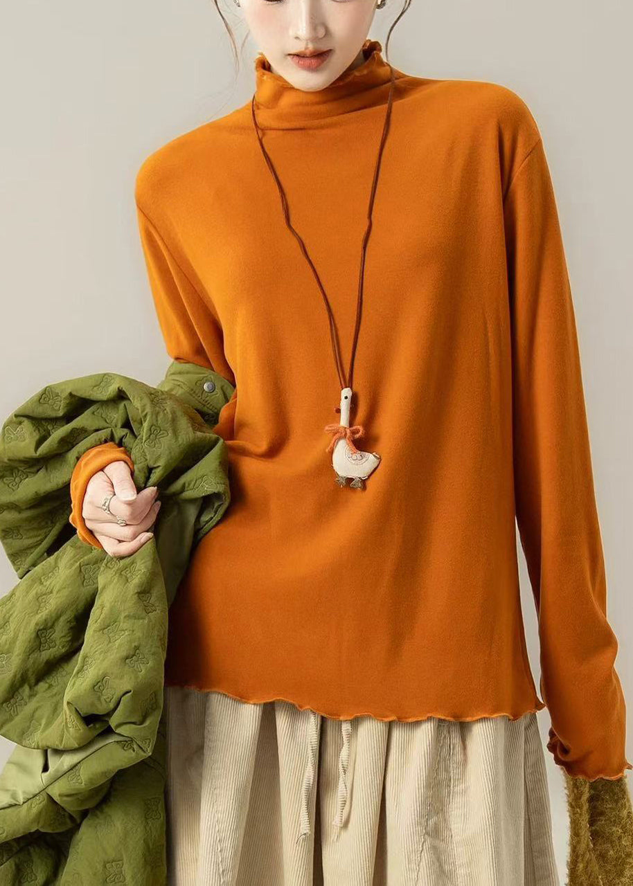 Fitted Orange Stand Collar Cotton Shirt Top Spring