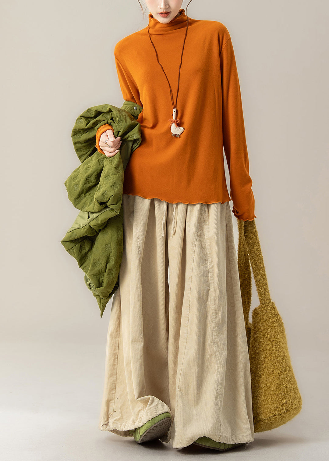 Fitted Orange Stand Collar Cotton Shirt Top Spring