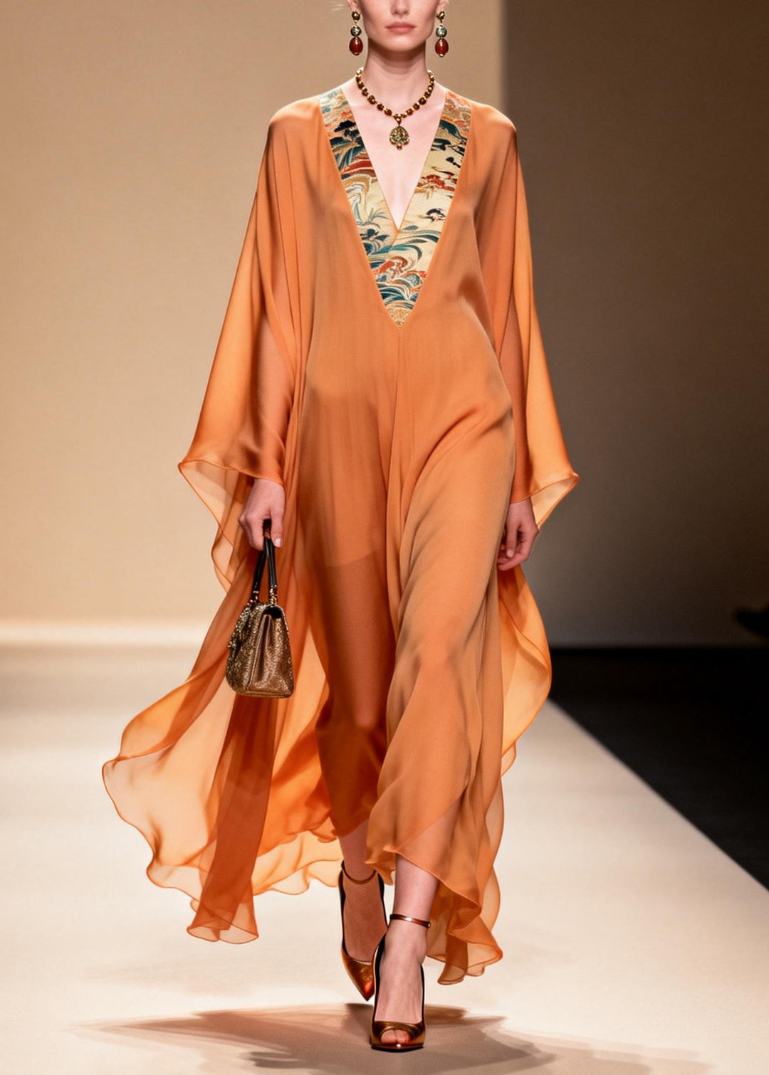 Fitted Orange V Neck Patchwork Chiffon Holiday Dresses Summer