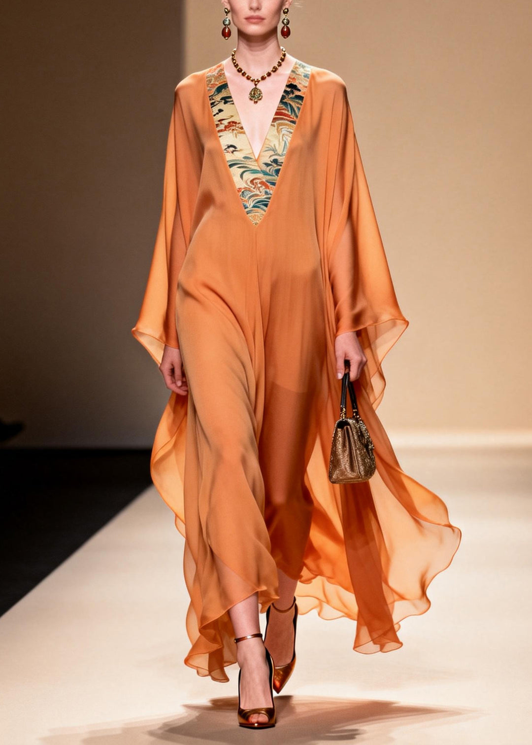 Fitted Orange V Neck Patchwork Chiffon Holiday Dresses Summer
