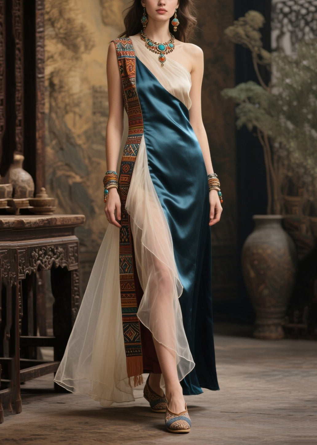 Fitted Peacock Blue One Shoulder Patchwork Tulle Party Dress Summer