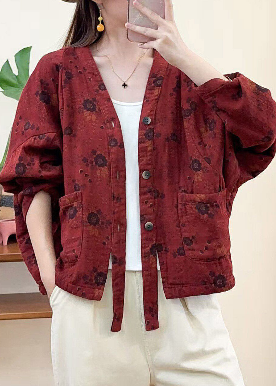Fitted Picture 1 V Neck Pockets Print Coats Fall