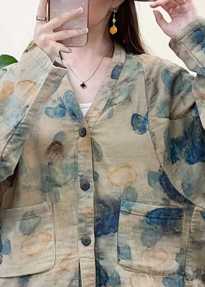 Fitted Picture 1 V Neck Pockets Print Coats Fall