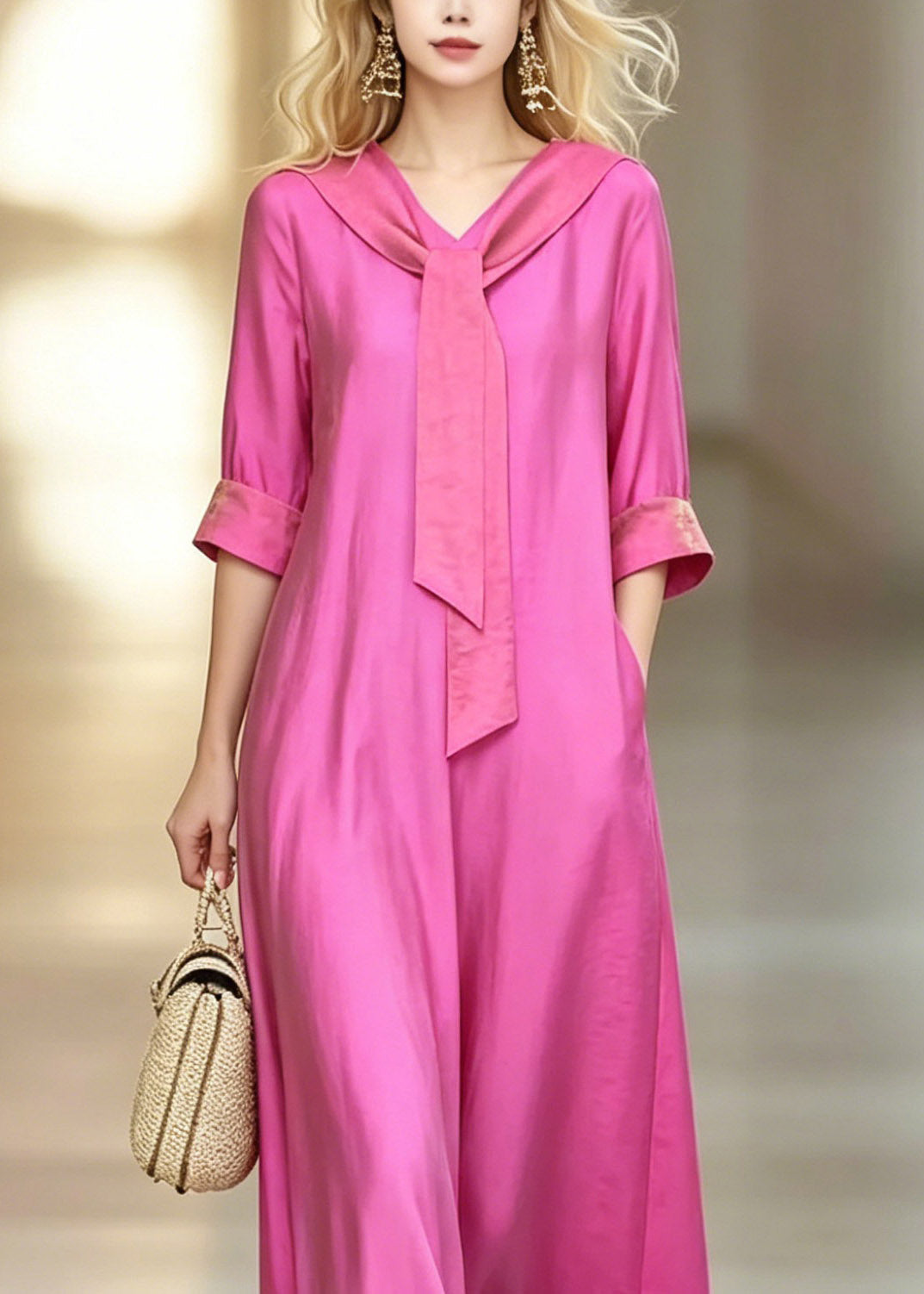 Fitted Pink Bow Patchwork Solid Maxi Dresses Short Sleeve