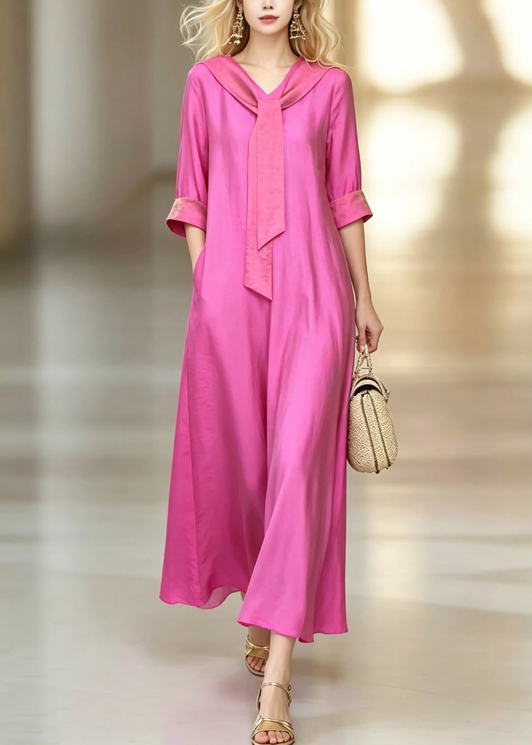 Fitted Pink Bow Patchwork Solid Maxi Dresses Short Sleeve