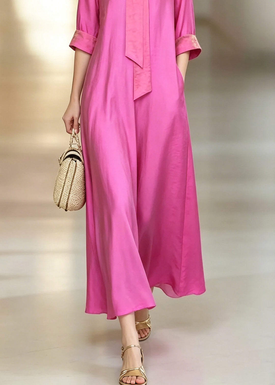 Fitted Pink Bow Patchwork Solid Maxi Dresses Short Sleeve