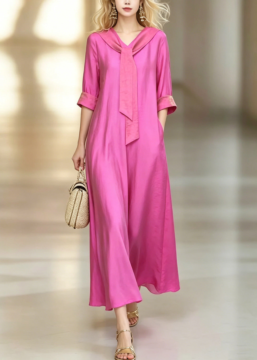 Fitted Pink Bow Patchwork Solid Maxi Dresses Short Sleeve